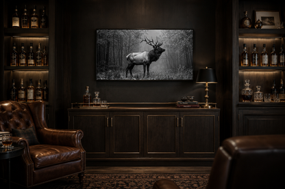 Elk Stag In The Forest Black White Photography Framed Canvas Wall Art