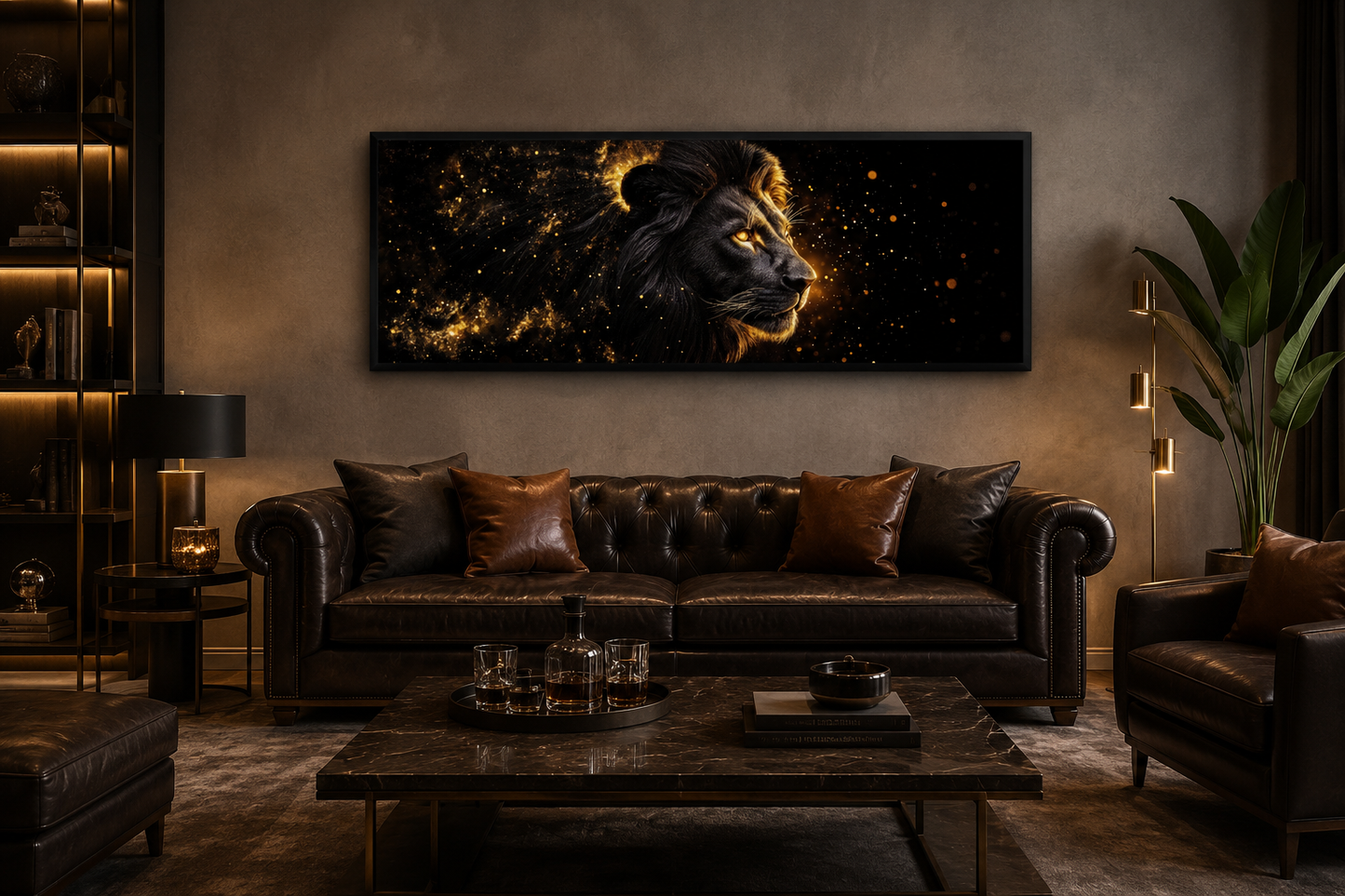 Black Gold Lion Art - Masculine Long Horizontal Canvas | Man Cave Or Office Wall Decor