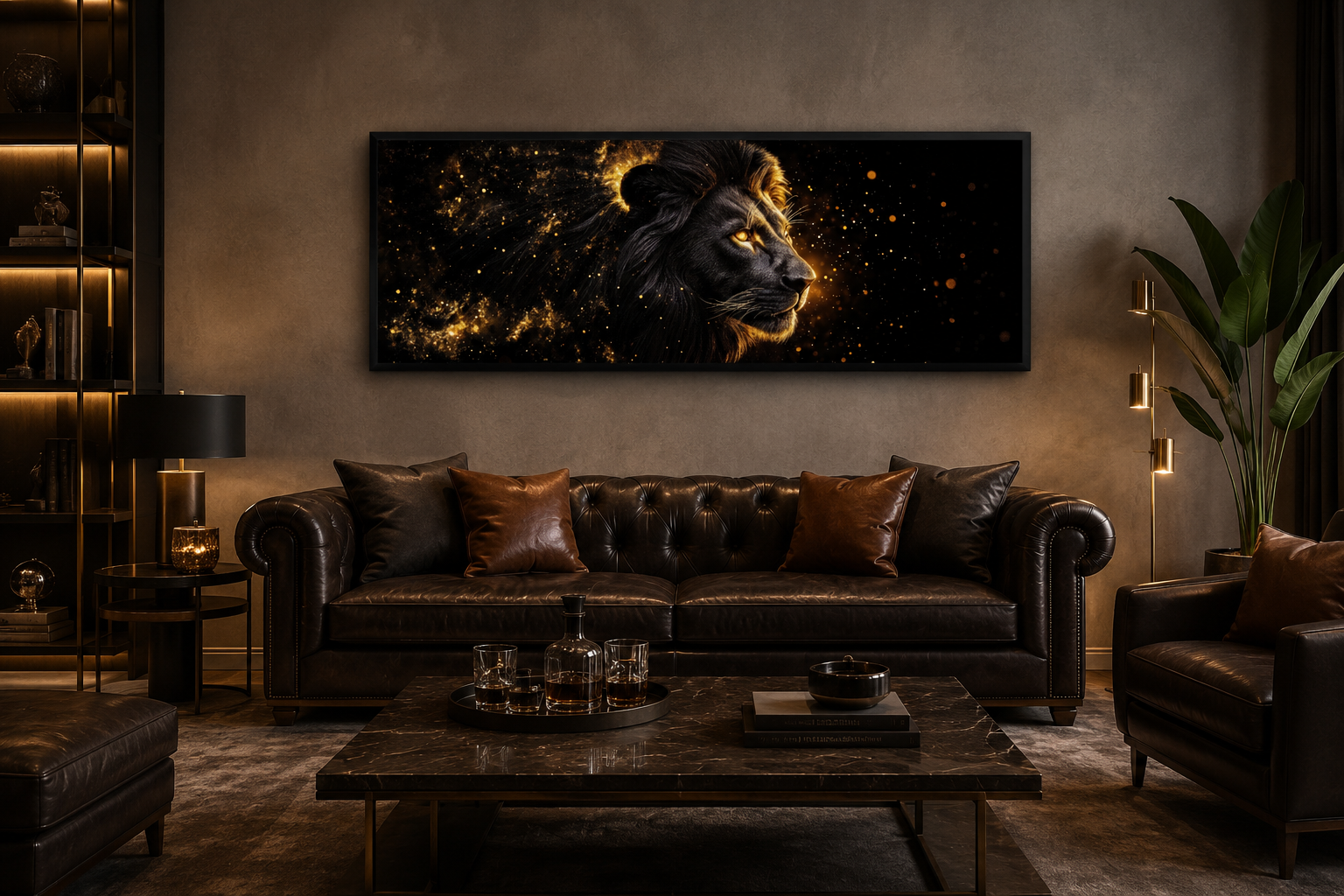 Black Gold Lion Art - Masculine Long Horizontal Canvas | Man Cave Or Office Wall Decor