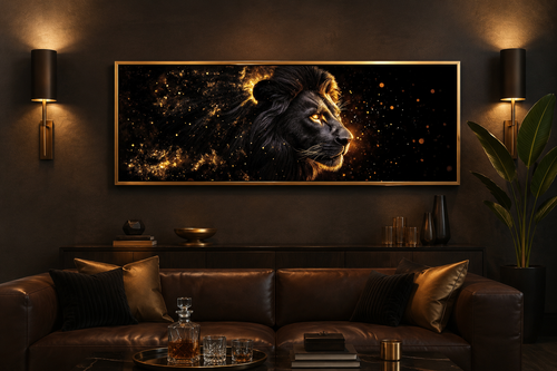 Black Gold Lion Art - Masculine Long Horizontal Canvas | Man Cave Or Office Wall Decor