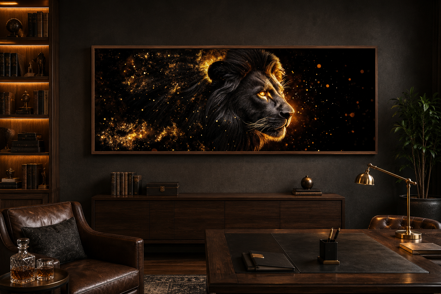 Black Gold Lion Art - Masculine Long Horizontal Canvas | Man Cave Or Office Wall Decor