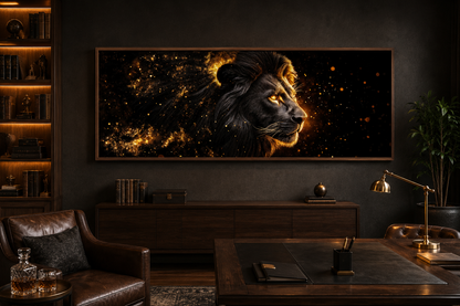 Black Gold Lion Art - Masculine Long Horizontal Canvas | Man Cave Or Office Wall Decor