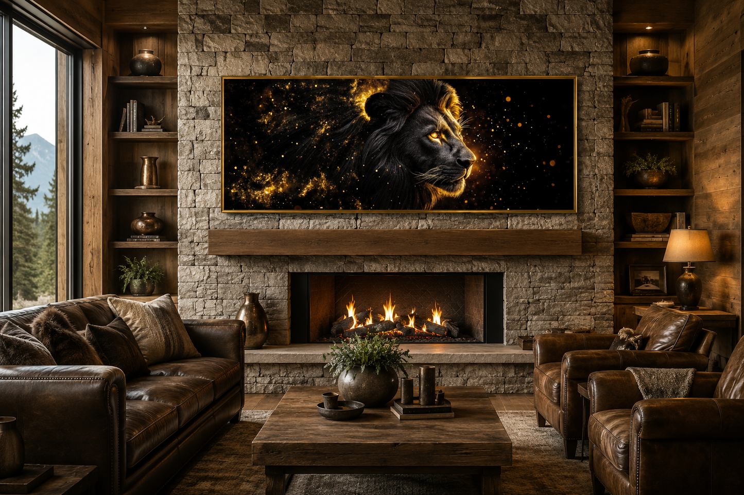 Black Gold Lion Art - Masculine Long Horizontal Canvas | Man Cave Or Office Wall Decor