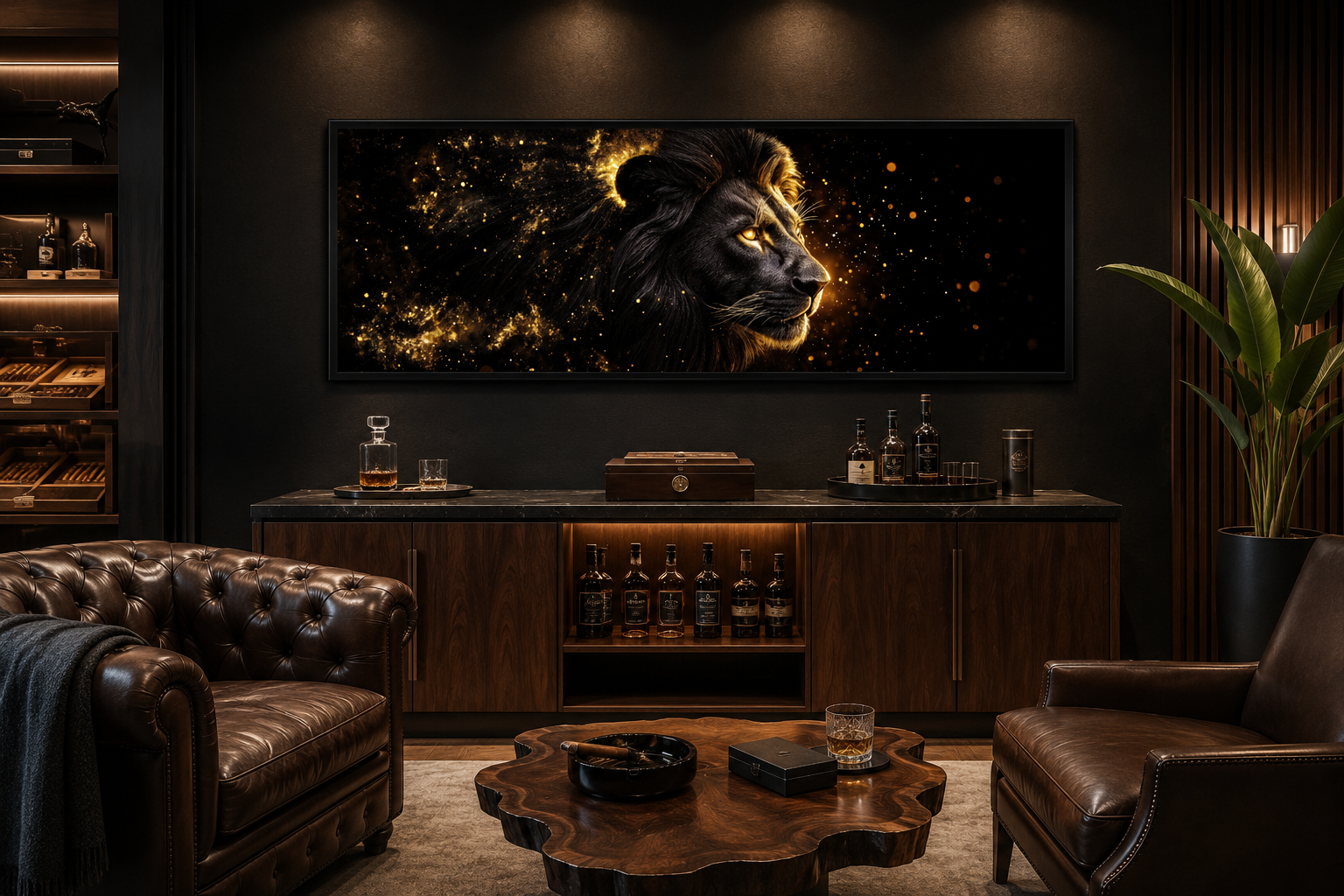 Black Gold Lion Art - Masculine Long Horizontal Canvas | Man Cave Or Office Wall Decor