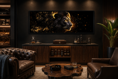 Black Gold Lion Art - Masculine Long Horizontal Canvas | Man Cave Or Office Wall Decor