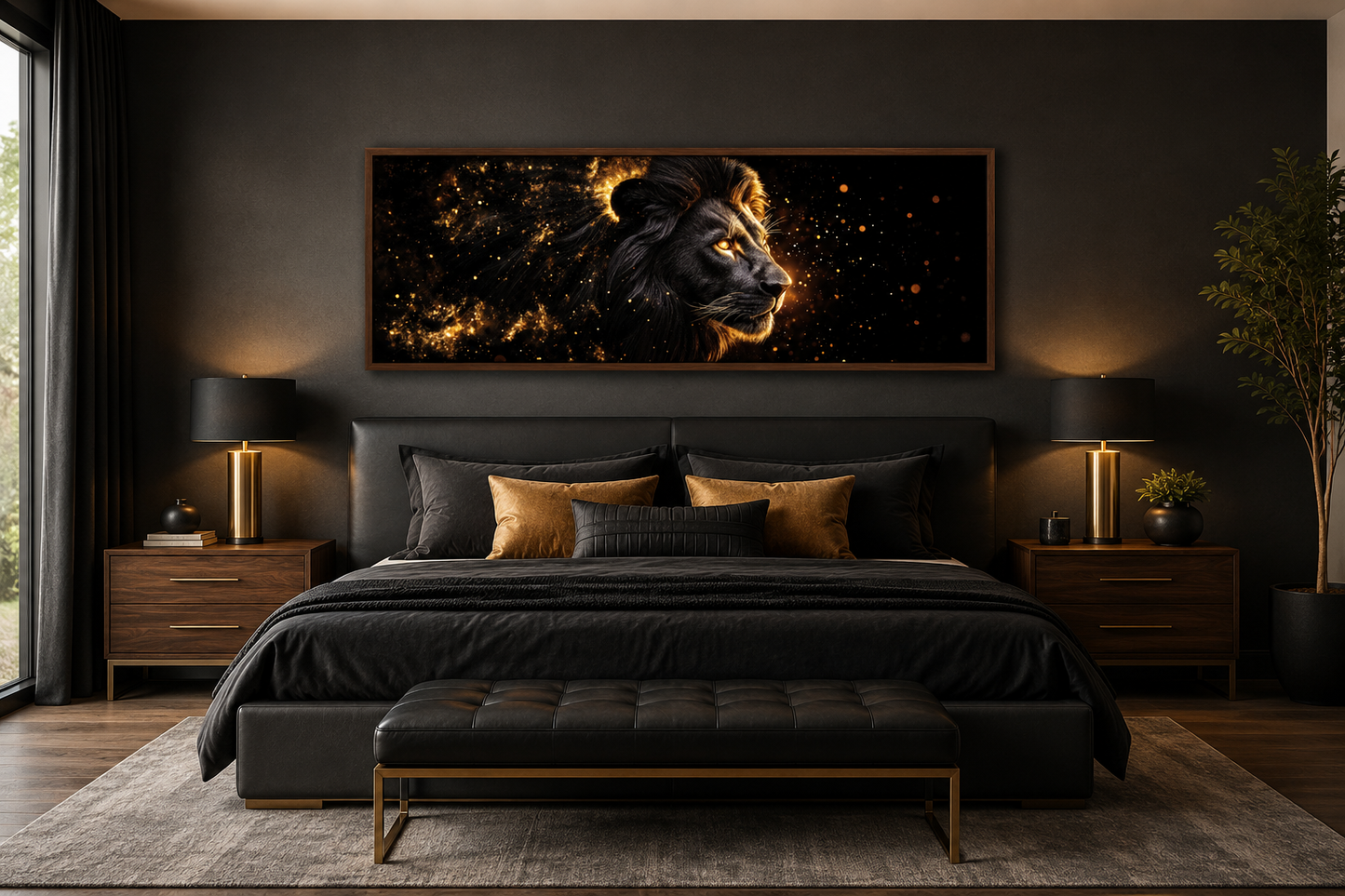 Black Gold Lion Art - Masculine Long Horizontal Canvas | Man Cave Or Office Wall Decor