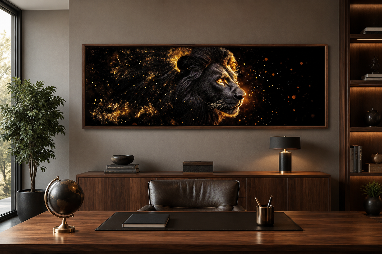 Black Gold Lion Art - Masculine Long Horizontal Canvas | Man Cave Or Office Wall Decor