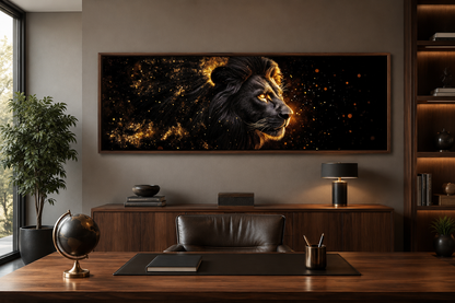 Black Gold Lion Art - Masculine Long Horizontal Canvas | Man Cave Or Office Wall Decor
