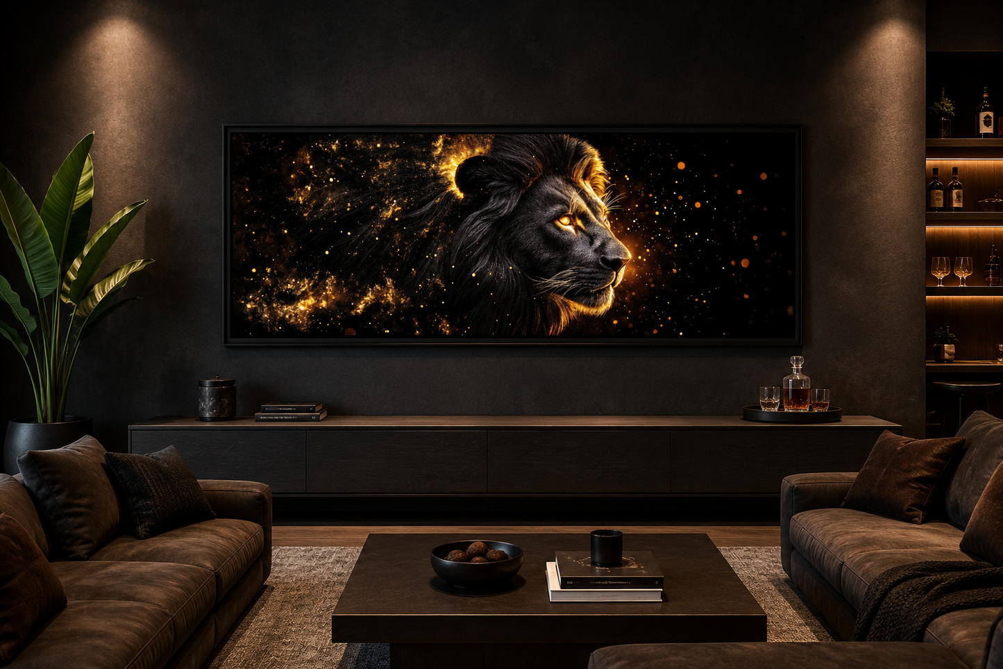 Black Gold Lion Art - Masculine Long Horizontal Canvas | Man Cave Or Office Wall Decor