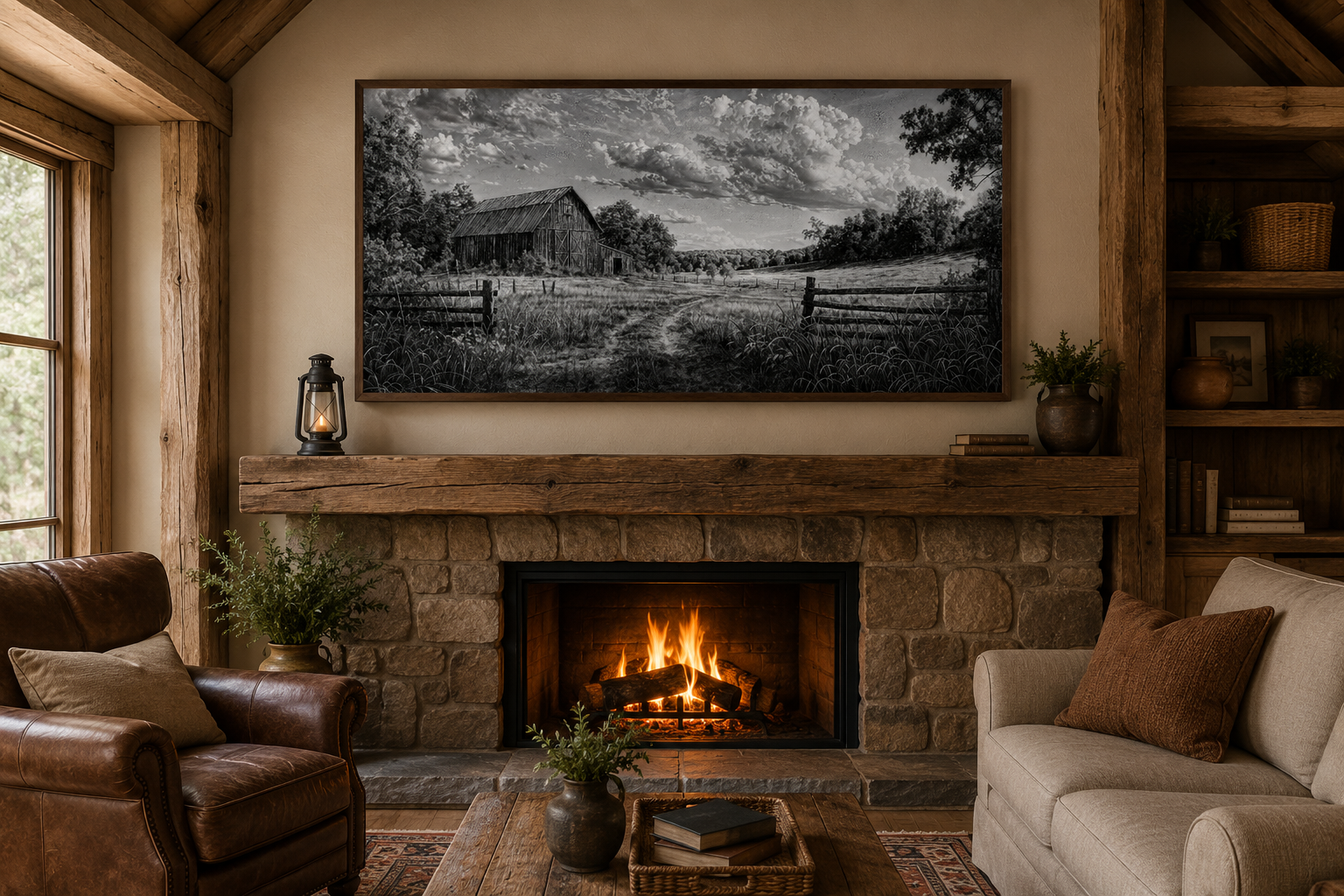 Black and White Barn Landscape Rustic Farmhouse Canvas Wall Art