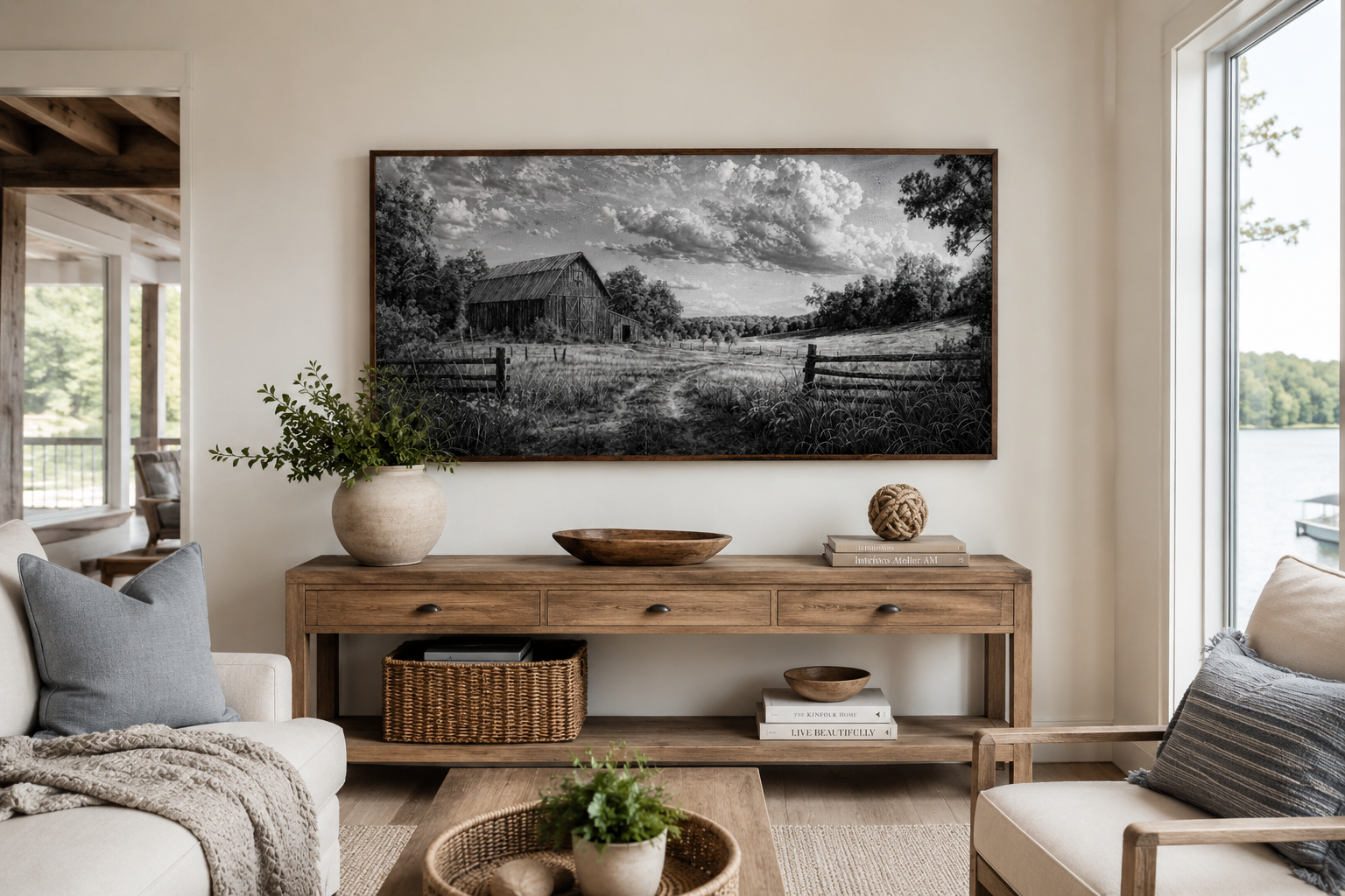 Black and White Barn Landscape Rustic Farmhouse Canvas Wall Art