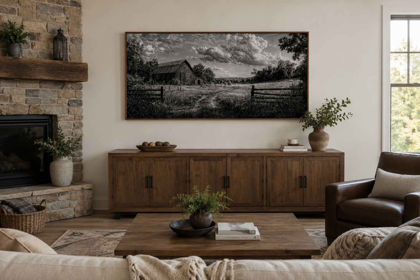 Black and White Barn Landscape Rustic Farmhouse Canvas Wall Art
