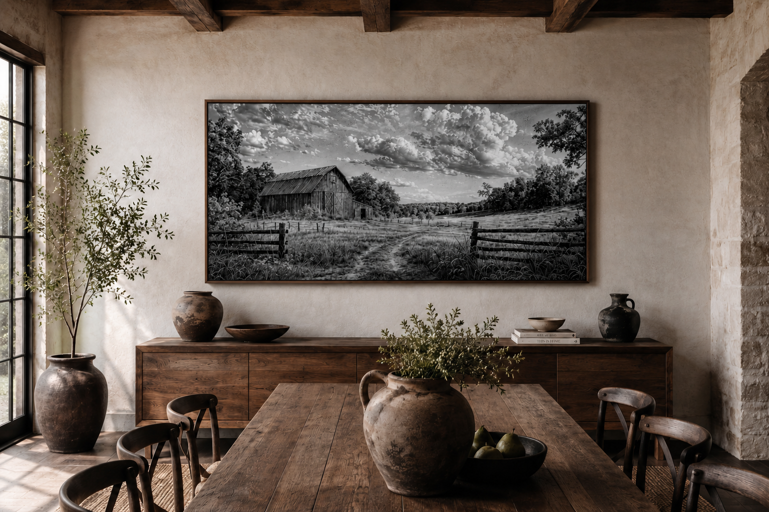 Black and White Barn Landscape Rustic Farmhouse Canvas Wall Art