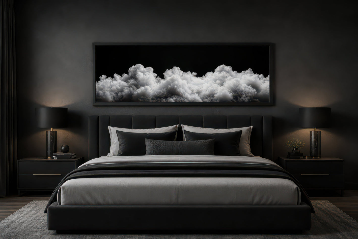 Black and White Clouds Long Horizontal Framed Canvas Wall Art For Bedroom