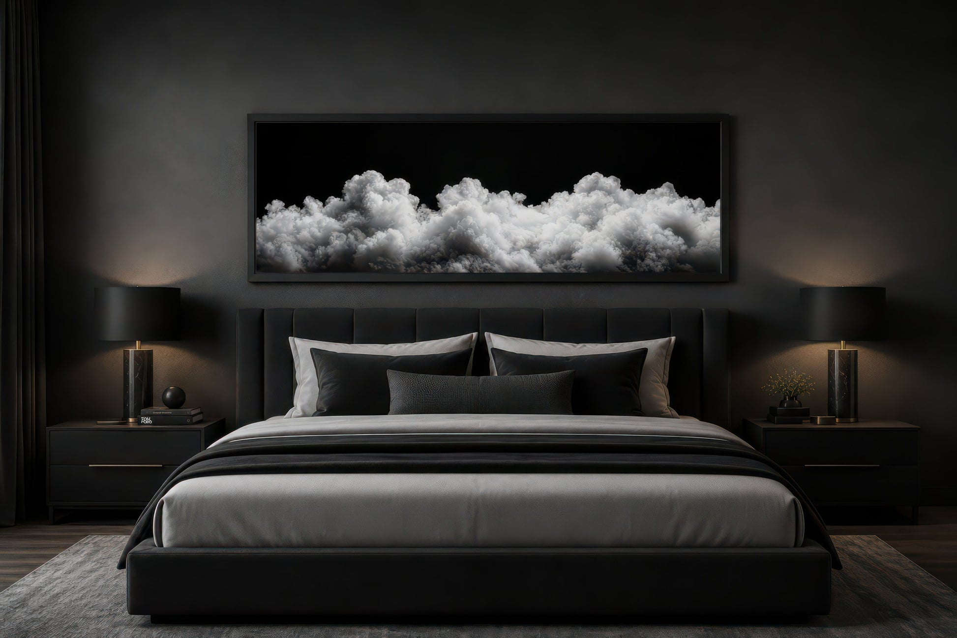 Black and White Clouds Long Horizontal Framed Canvas Wall Art For Bedroom