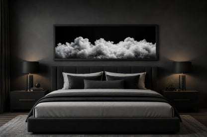 Black and White Clouds Long Horizontal Framed Canvas Wall Art For Bedroom