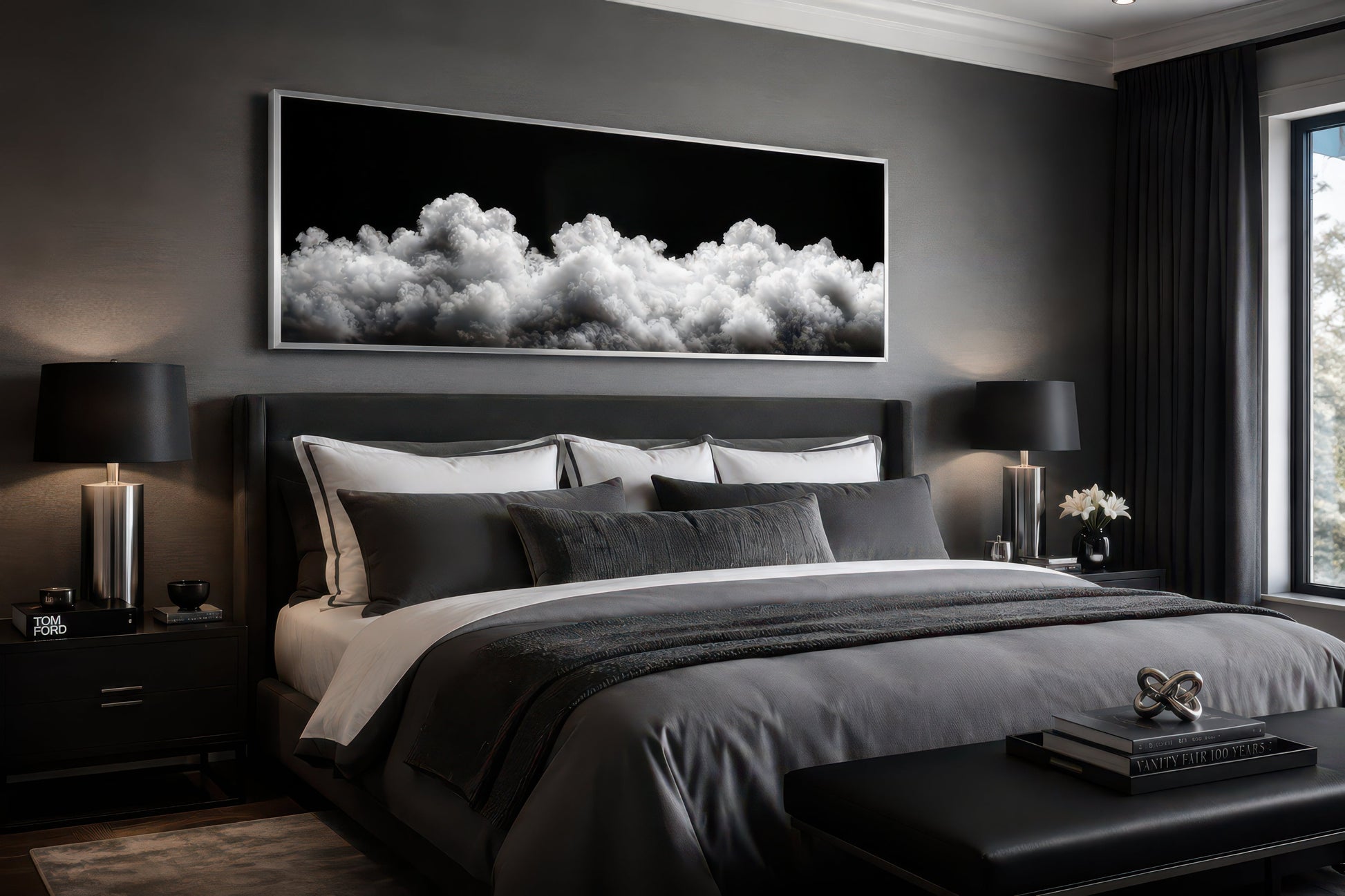 Black and White Clouds Long Horizontal Framed Canvas Wall Art For Bedroom