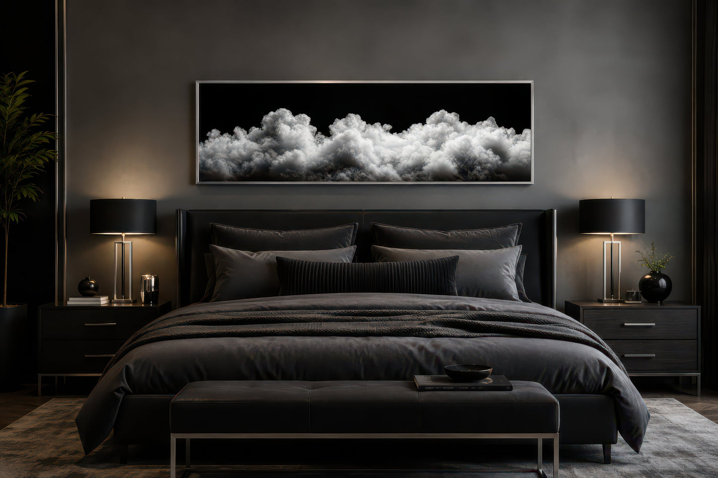 Black and White Clouds Long Horizontal Framed Canvas Wall Art For Bedroom