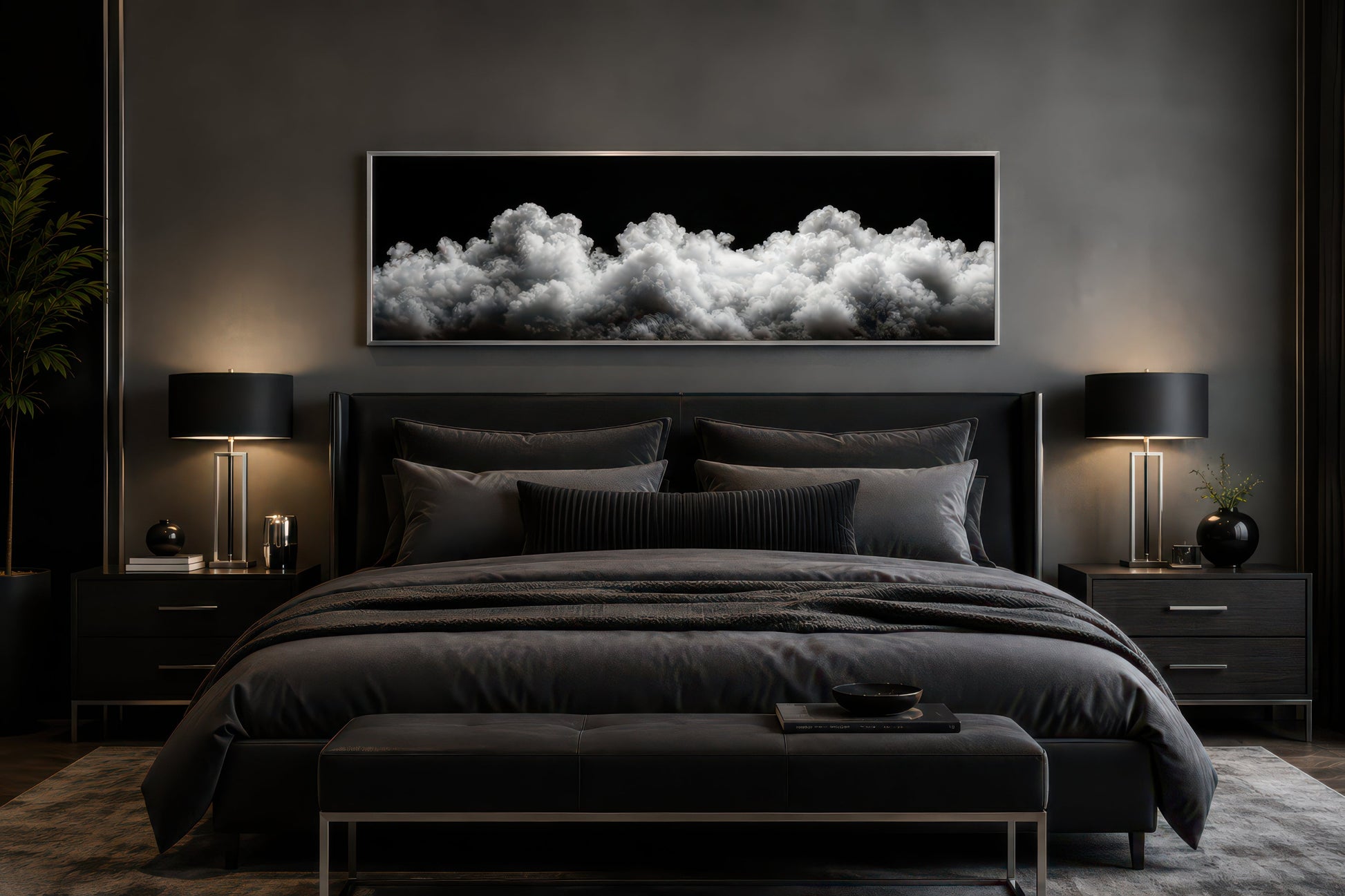 Black and White Clouds Long Horizontal Framed Canvas Wall Art For Bedroom