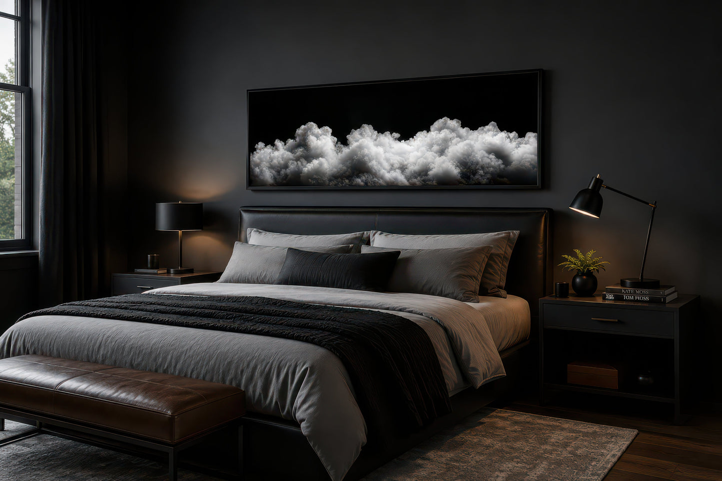 Black and White Clouds Long Horizontal Framed Canvas Wall Art For Bedroom