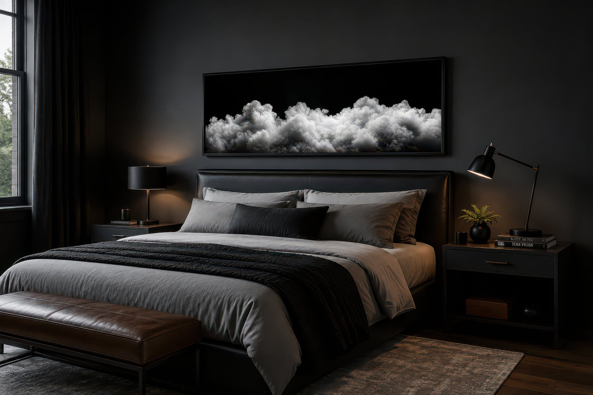 Black and White Clouds Long Horizontal Framed Canvas Wall Art For Bedroom