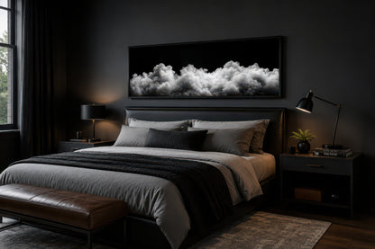Black and White Clouds Long Horizontal Framed Canvas Wall Art For Bedroom