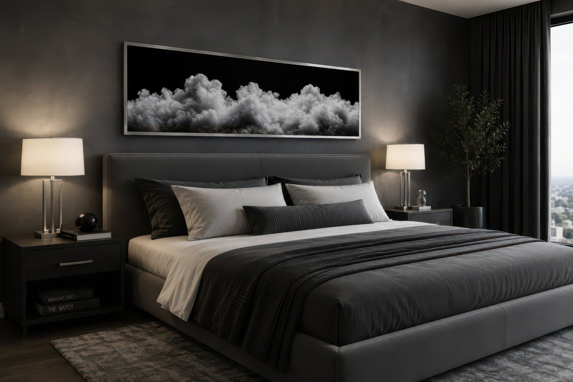 Black and White Clouds Long Horizontal Framed Canvas Wall Art For Bedroom