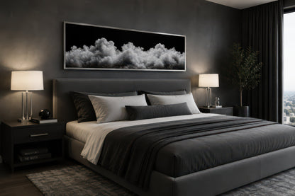 Black and White Clouds Long Horizontal Framed Canvas Wall Art For Bedroom