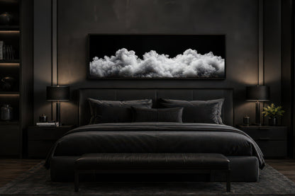 Black and White Clouds Long Horizontal Framed Canvas Wall Art For Bedroom