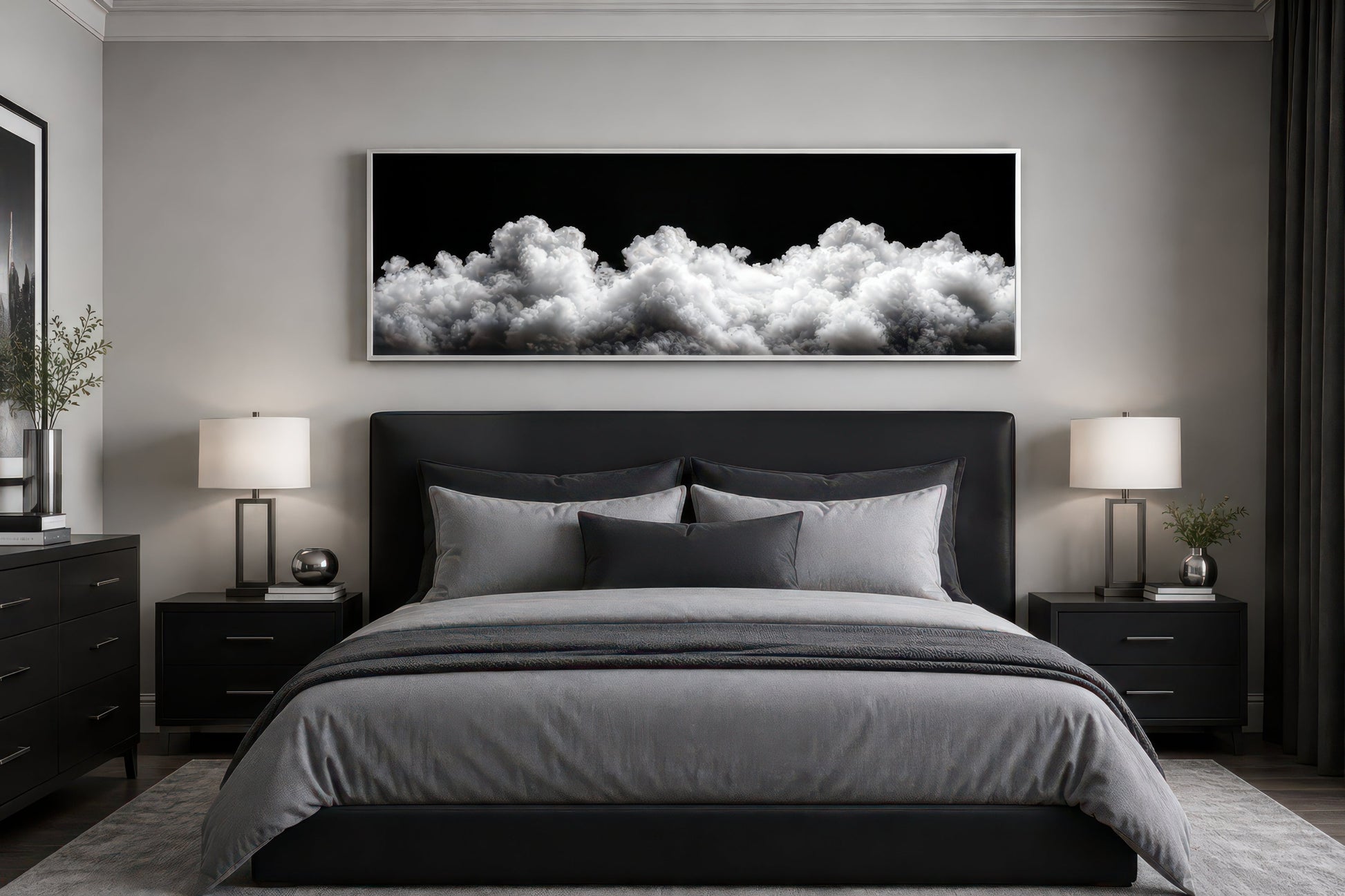 Black and White Clouds Long Horizontal Framed Canvas Wall Art For Bedroom