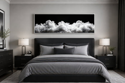 Black and White Clouds Long Horizontal Framed Canvas Wall Art For Bedroom