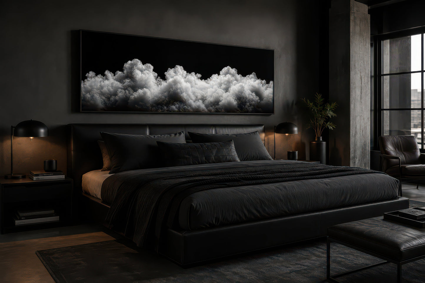 Black and White Clouds Long Horizontal Framed Canvas Wall Art For Bedroom