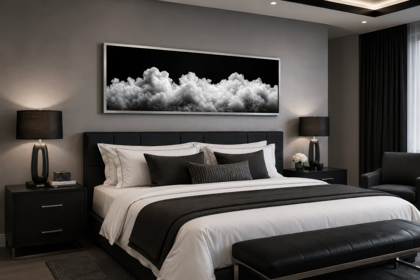 Black and White Clouds Long Horizontal Framed Canvas Wall Art For Bedroom