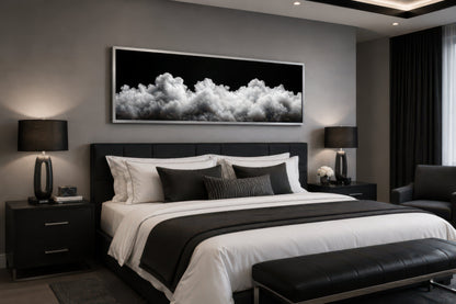 Black and White Clouds Long Horizontal Framed Canvas Wall Art For Bedroom