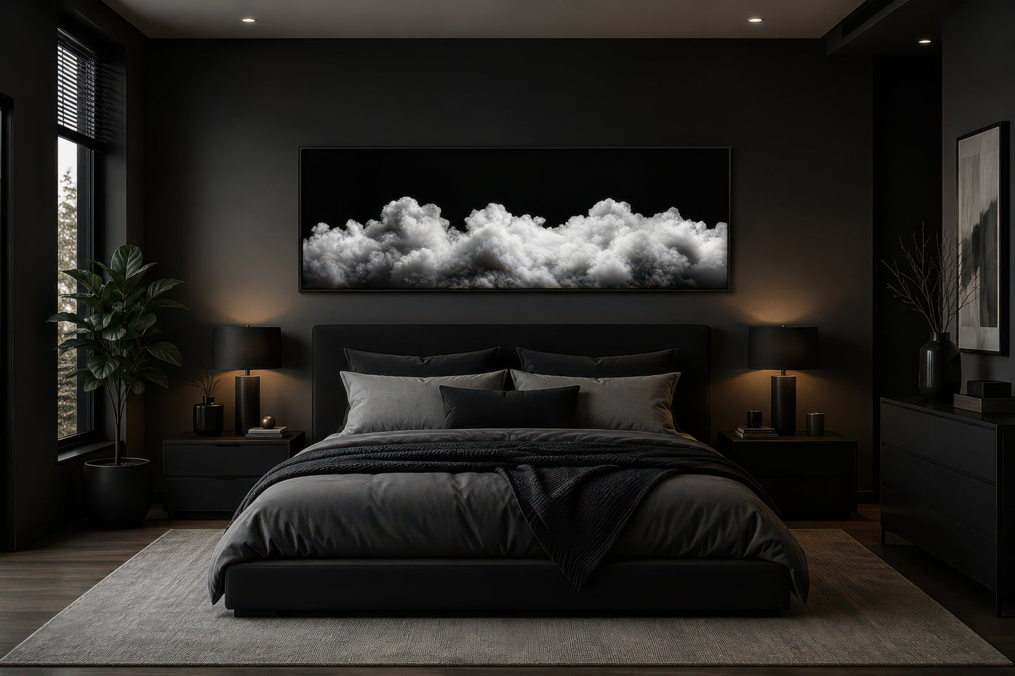 Black and White Clouds Long Horizontal Framed Canvas Wall Art For Bedroom