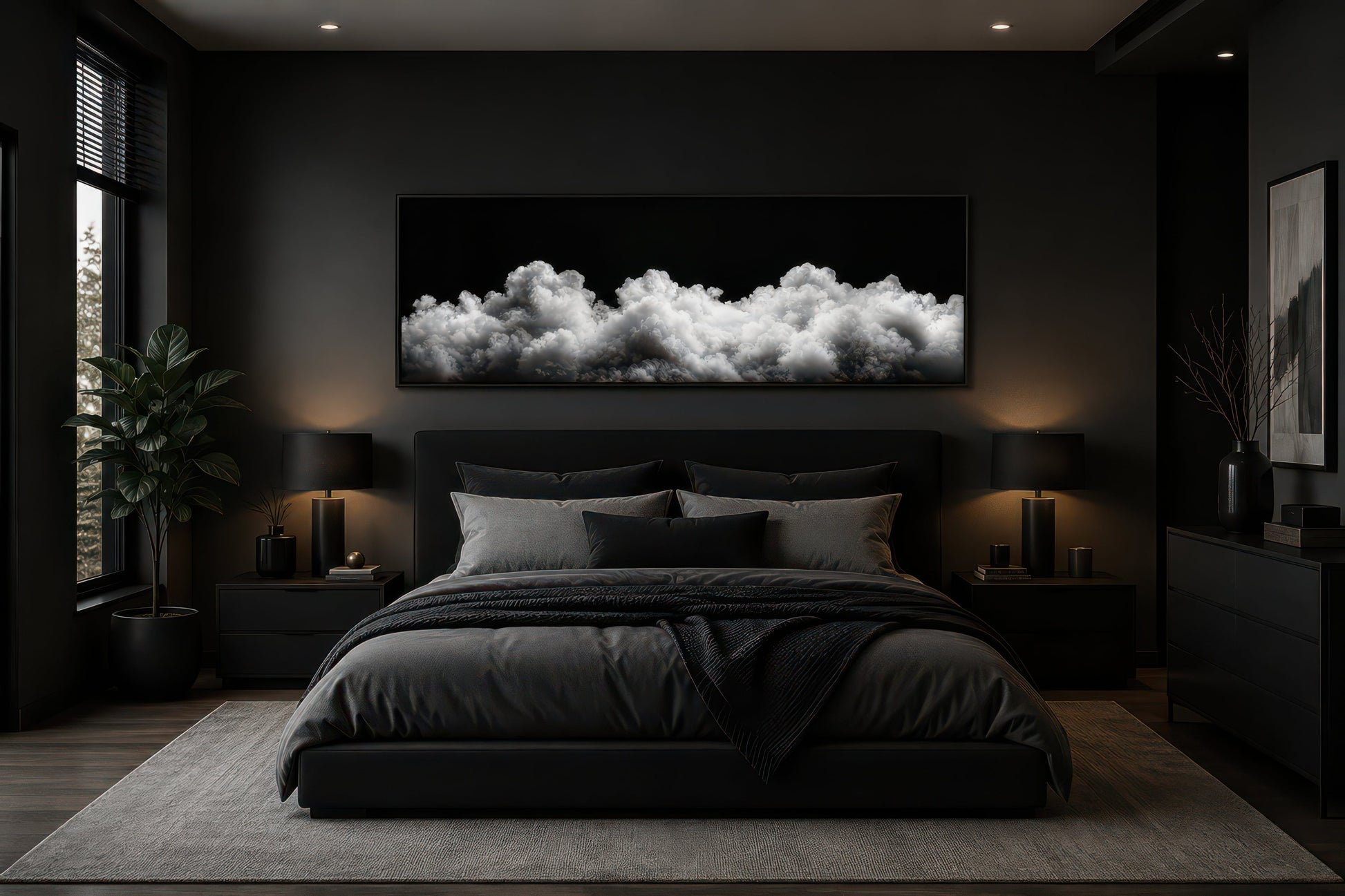 Black and White Clouds Long Horizontal Framed Canvas Wall Art For Bedroom
