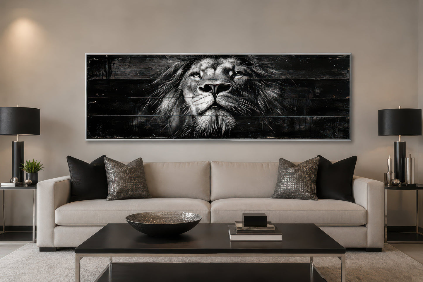 Black and White Lion Long Horizontal Canvas Wall Art For Men
