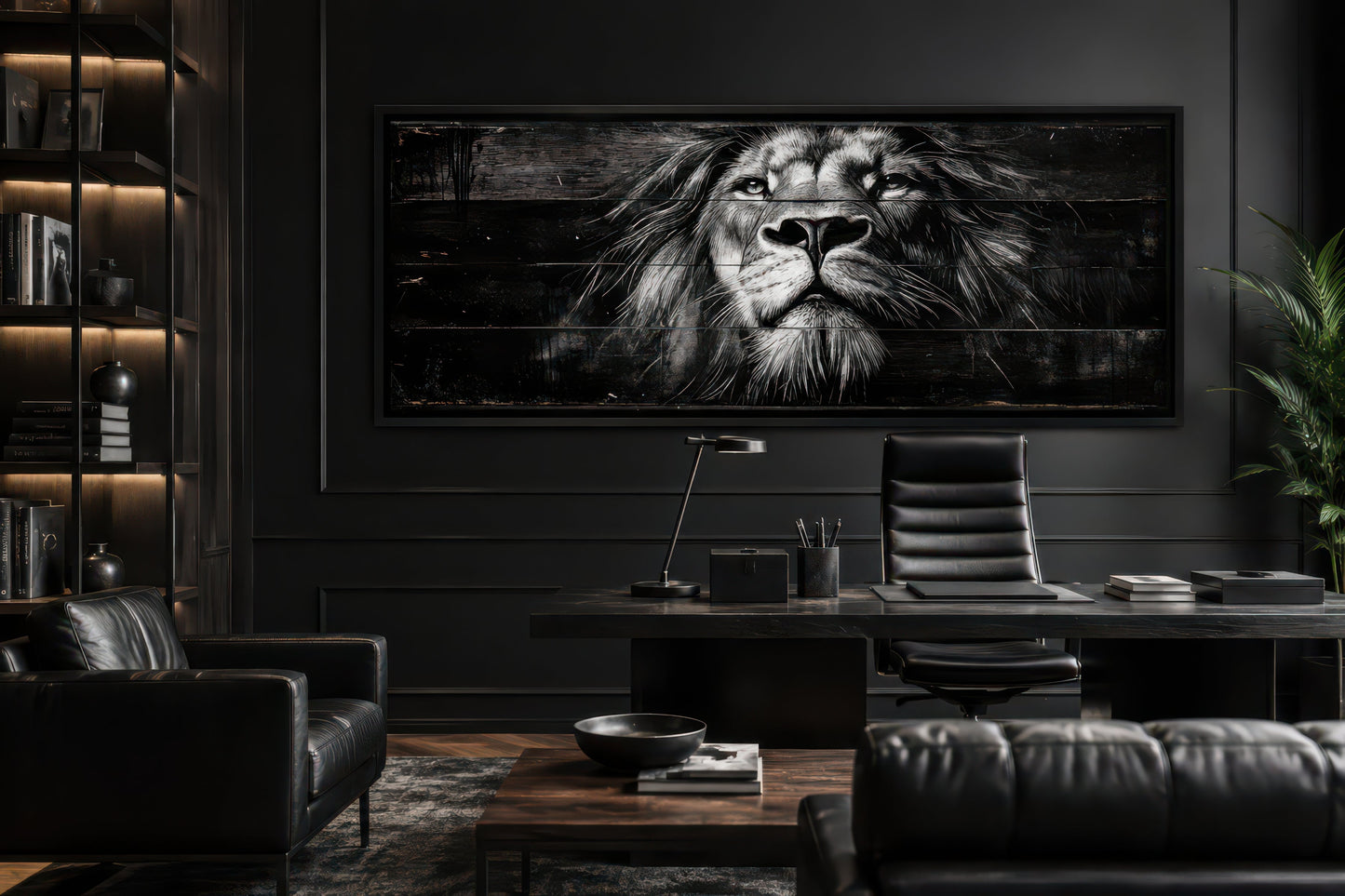 Black and White Lion Long Horizontal Canvas Wall Art For Men