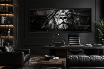 Black and White Lion Long Horizontal Canvas Wall Art For Men