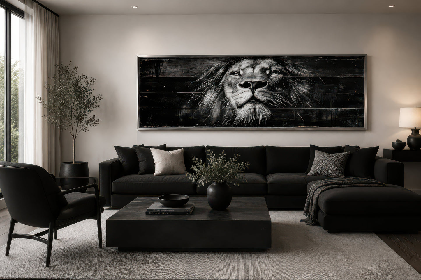 Black and White Lion Long Horizontal Canvas Wall Art For Men