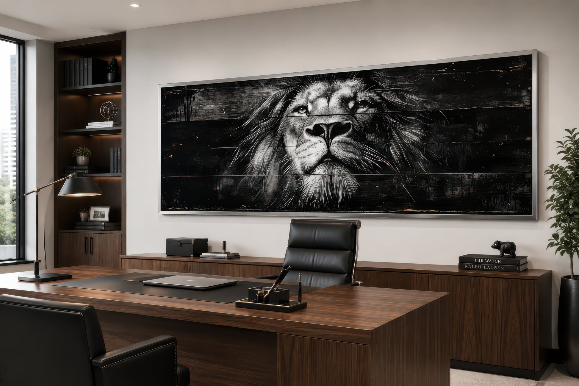 Black and White Lion Long Horizontal Canvas Wall Art For Men