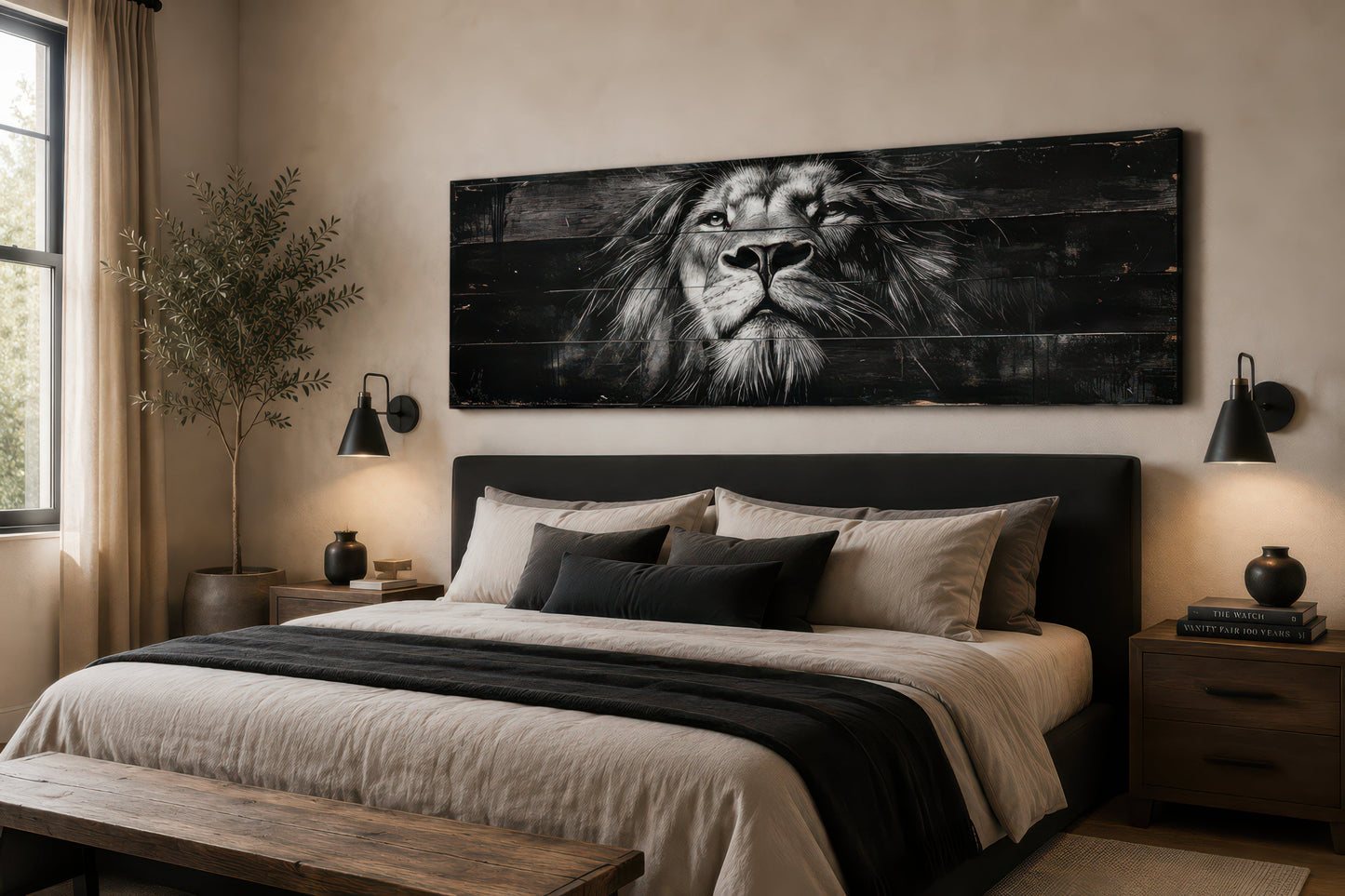 Black and White Lion Long Horizontal Canvas Wall Art For Men