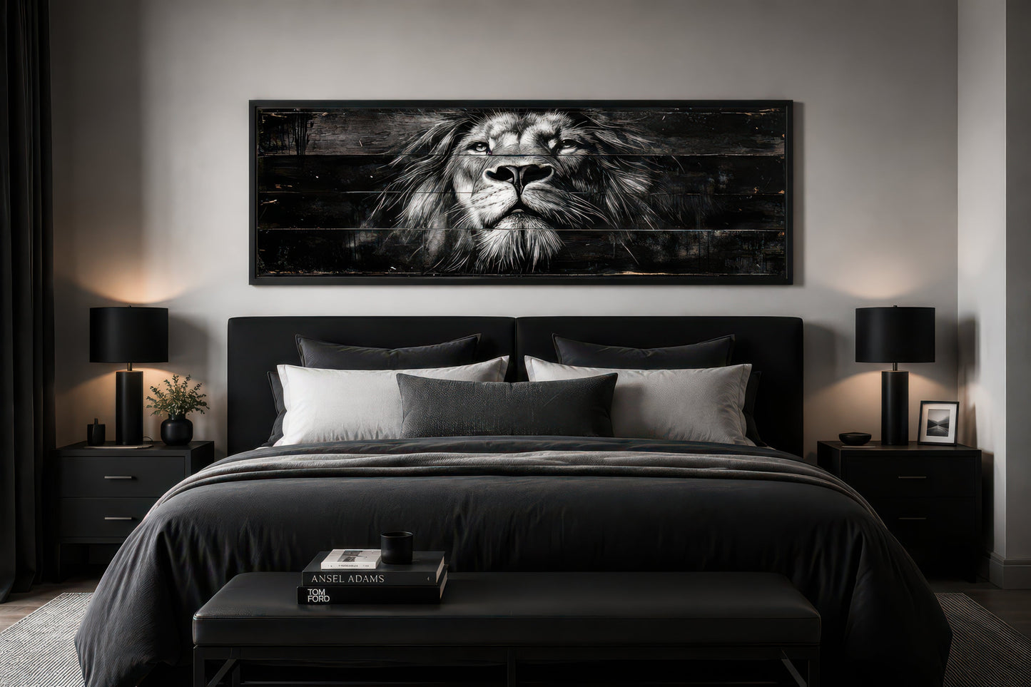Black and White Lion Long Horizontal Canvas Wall Art For Men
