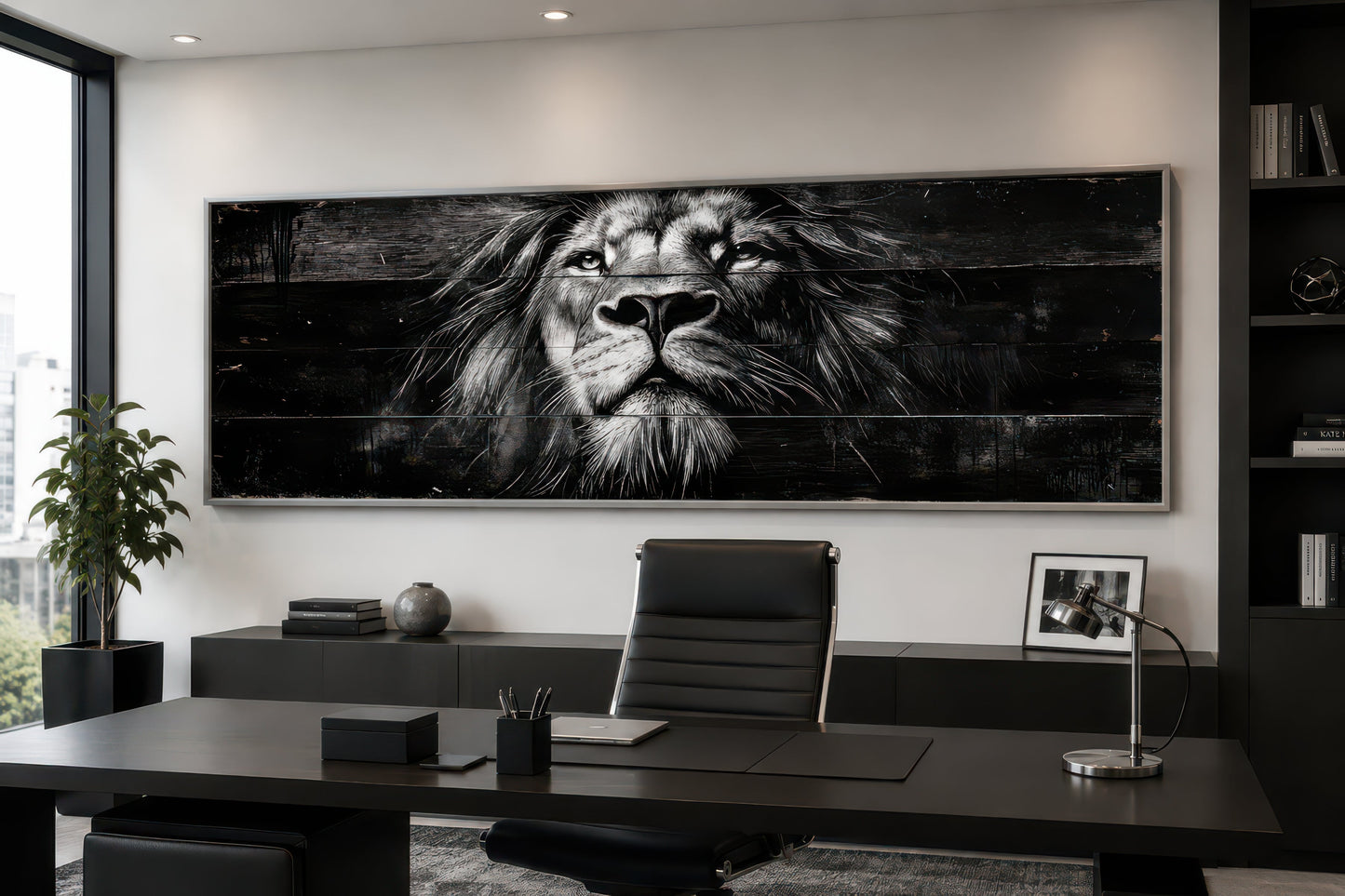Black and White Lion Long Horizontal Canvas Wall Art For Men