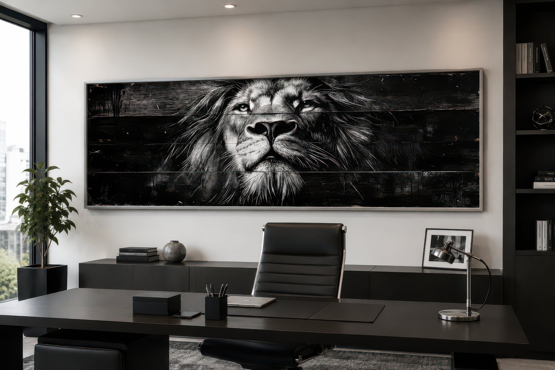 Black and White Lion Long Horizontal Canvas Wall Art For Men