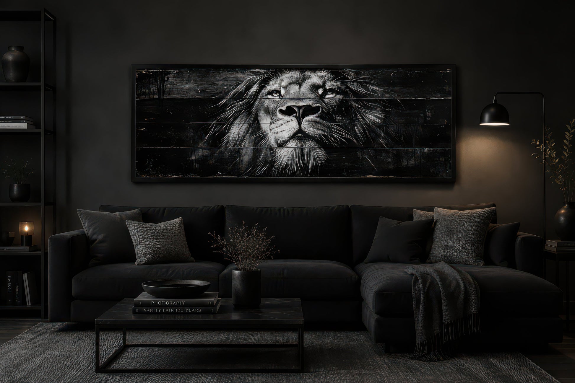 Black and White Lion Long Horizontal Canvas Wall Art For Men
