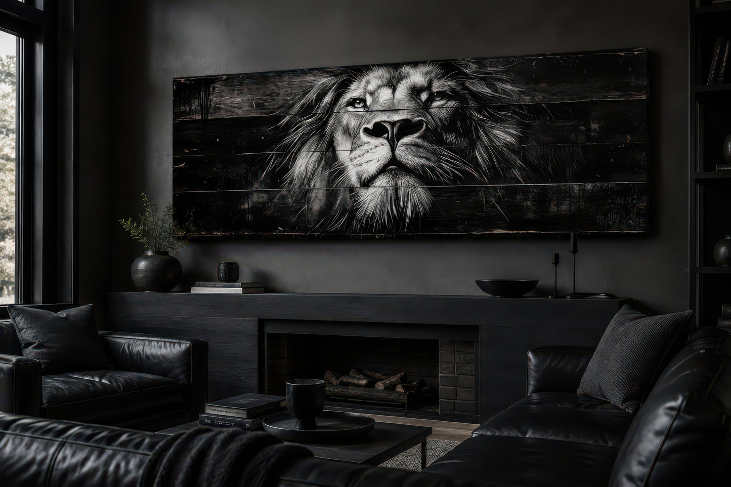 Black and White Lion Long Horizontal Canvas Wall Art For Men