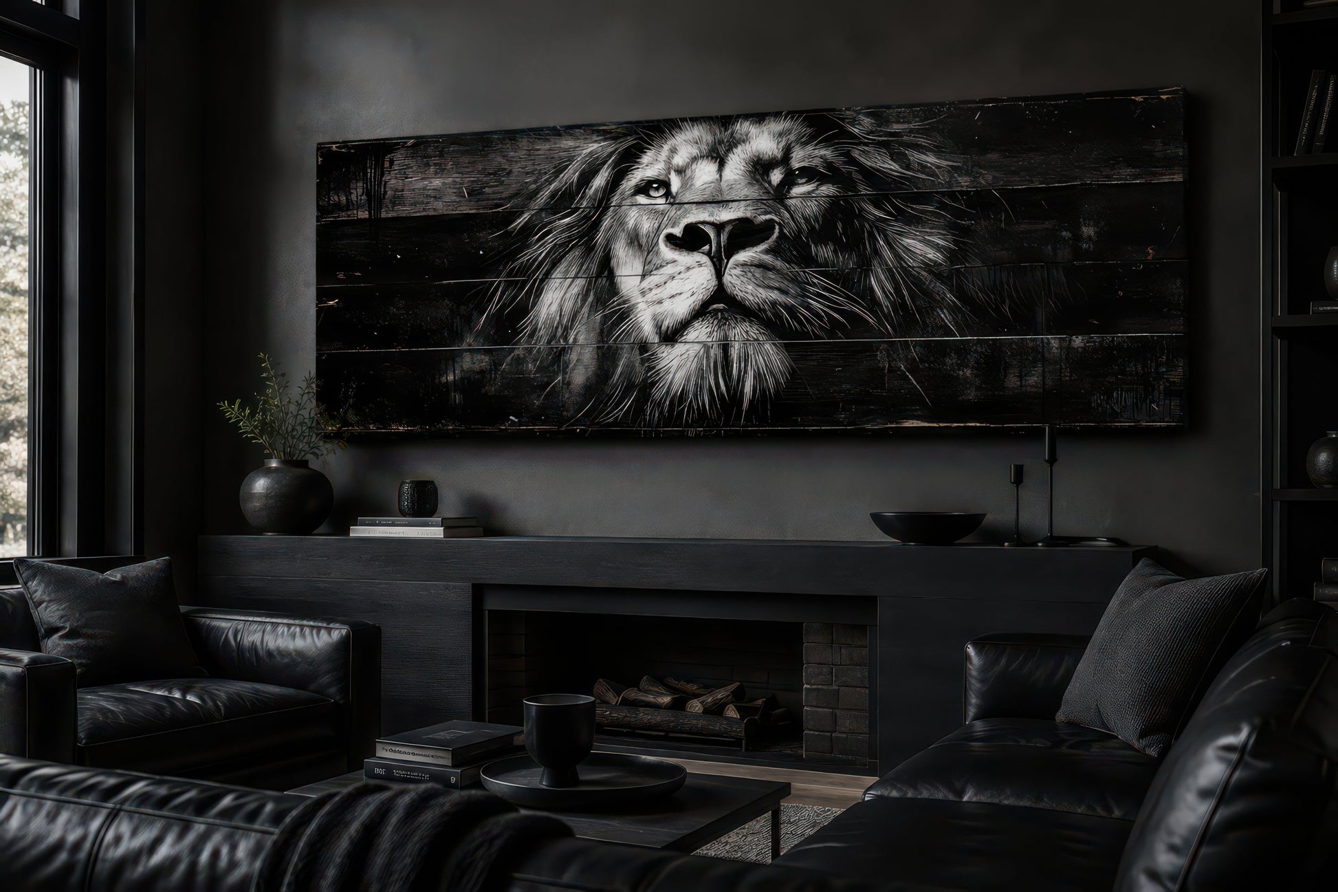 Black and White Lion Long Horizontal Canvas Wall Art For Men