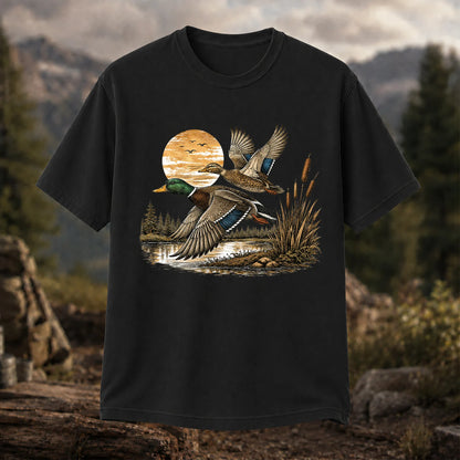 Mallard Ducks Flying at Sunset T-Shirt, Retro Waterfowl Hunting Tee