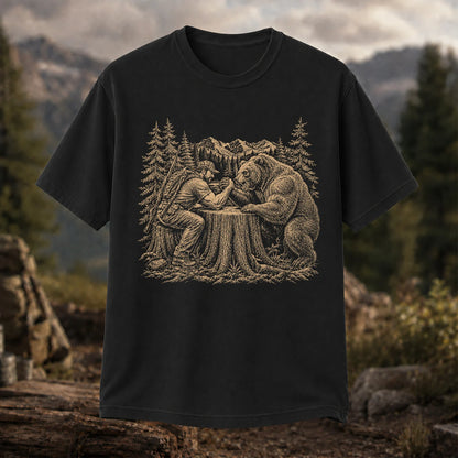Hunter Arm Wrestling a Bear T-Shirt, Funny Wilderness Tee